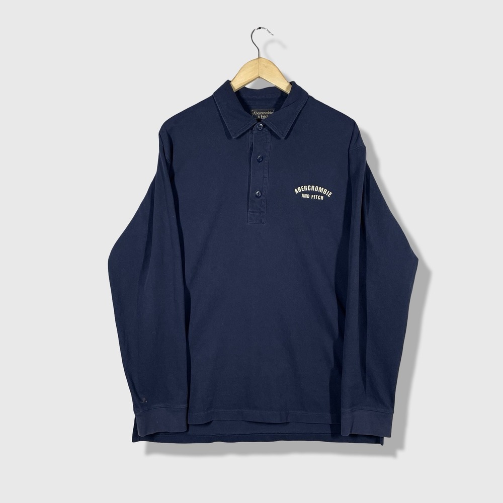 Y2K Abercrombie & Fitch Long Sleeve Polo Shirt Men M Navy Blue Collegiate Preppy